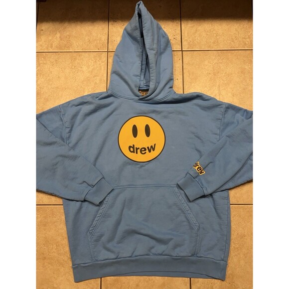 drew house Other - Drew House Hoodie Mens L Blue Yellow Sweatshirt Smiley Face Logo Justin Bieber
